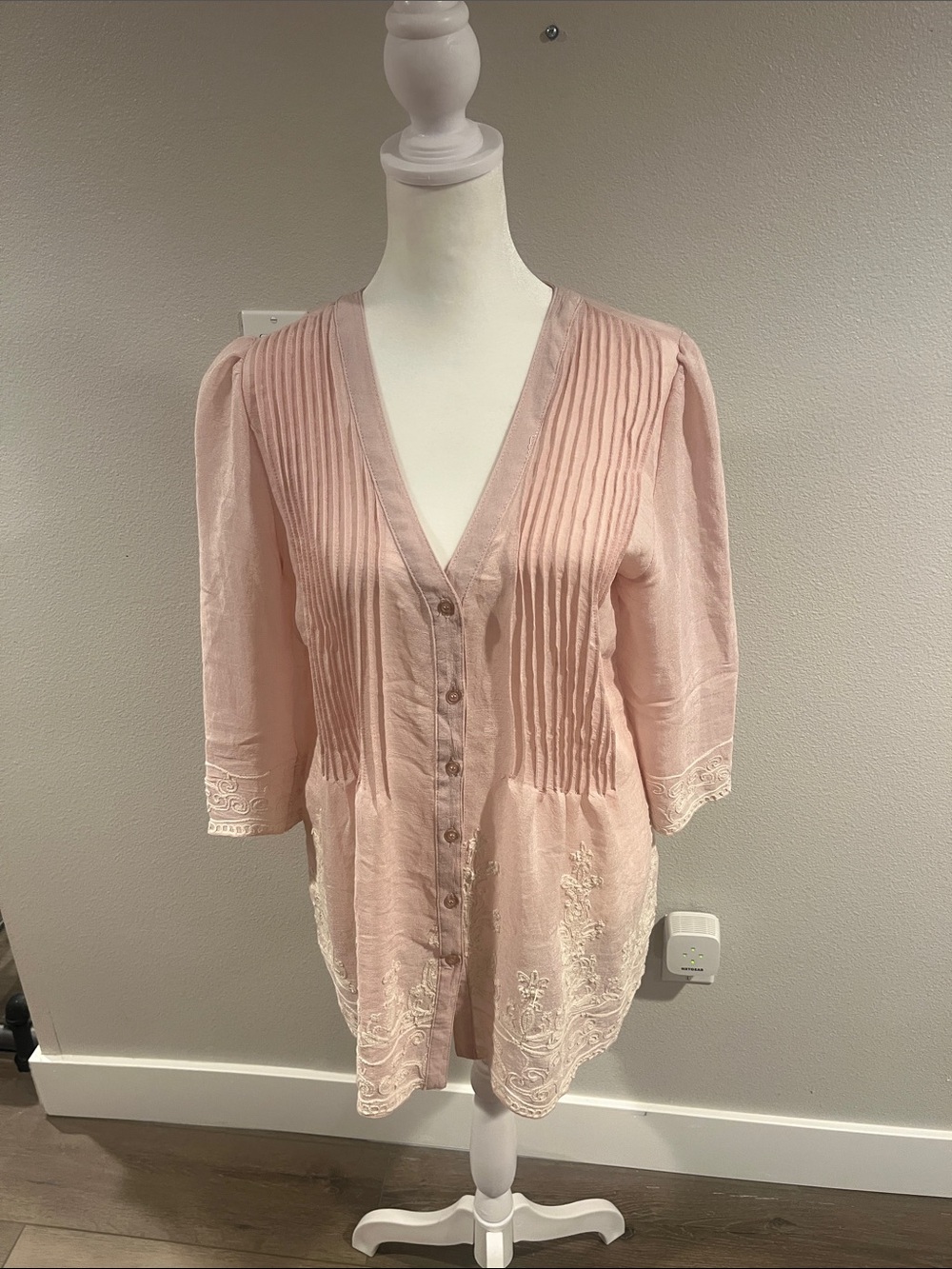 Blush Pintuck V-Neck Button Front Tunic with Embroidered Hem